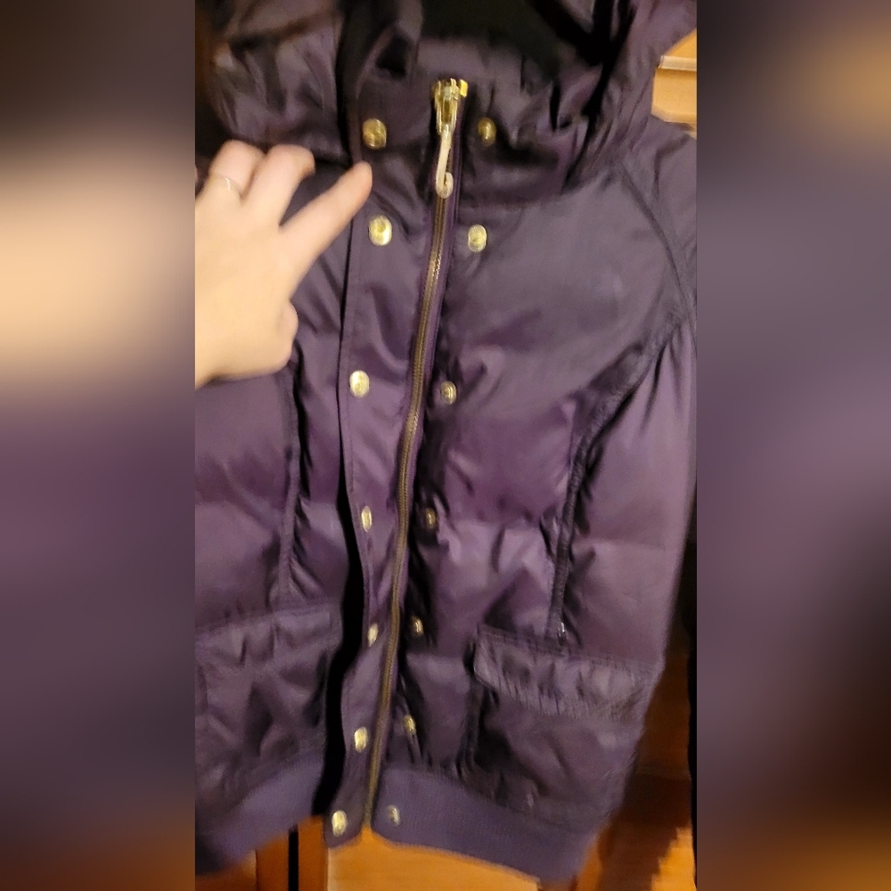 Juicy Couture dark purple down hooded bomber jacket with gold buttons Size Small - Picture 3 of 15